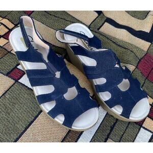 SKECHERS Wedge Sandals W 6.5 Navy Blue Suede Memory Foam Comfort Sling Back Open